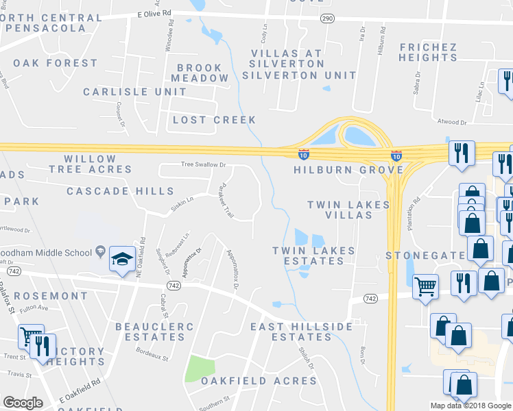 map of restaurants, bars, coffee shops, grocery stores, and more near 396 Tree Swallow Drive in Pensacola