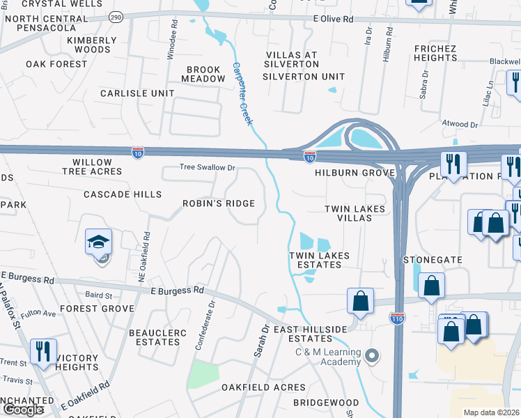 map of restaurants, bars, coffee shops, grocery stores, and more near 392 Tree Swallow Drive in Pensacola
