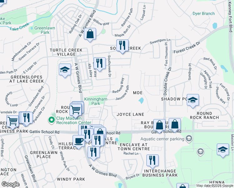 map of restaurants, bars, coffee shops, grocery stores, and more near 2125 Redwing Way in Round Rock