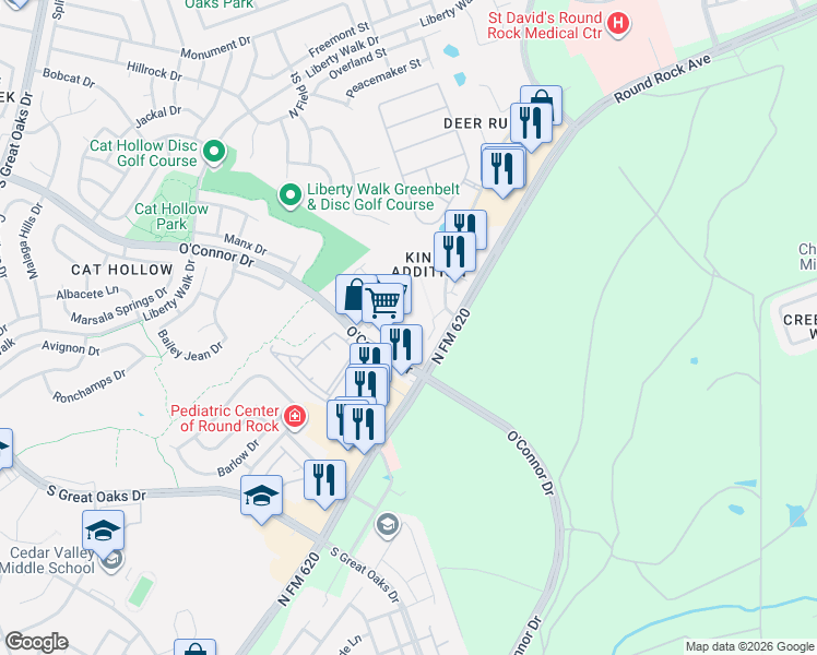 map of restaurants, bars, coffee shops, grocery stores, and more near 16900 Ranch Road 620 in Round Rock