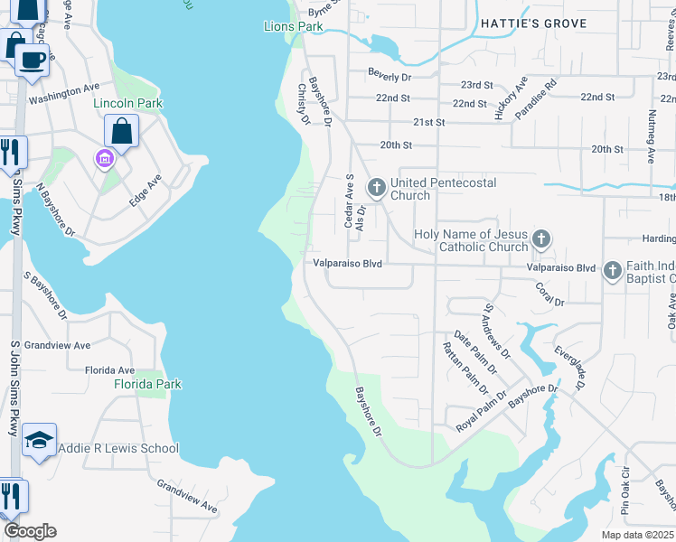 map of restaurants, bars, coffee shops, grocery stores, and more near 717 Valparaiso Boulevard in Niceville