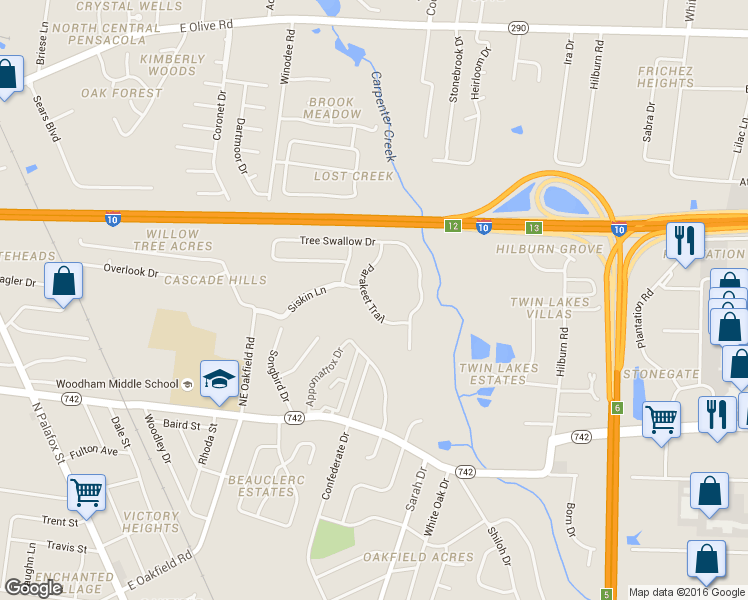 map of restaurants, bars, coffee shops, grocery stores, and more near 6328 Parakeet Trail in Pensacola