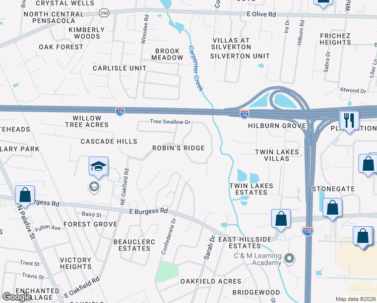 map of restaurants, bars, coffee shops, grocery stores, and more near 6328 Parakeet Trail in Pensacola