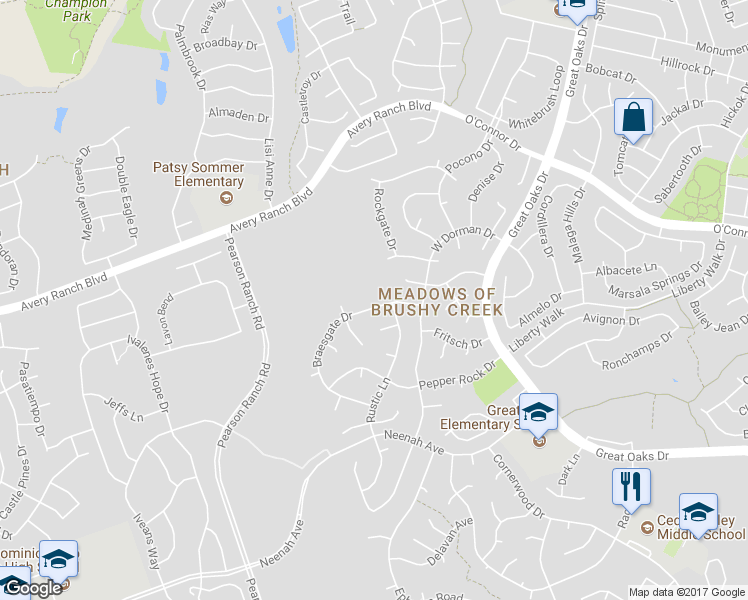 map of restaurants, bars, coffee shops, grocery stores, and more near 16112 Braesgate Drive in Austin