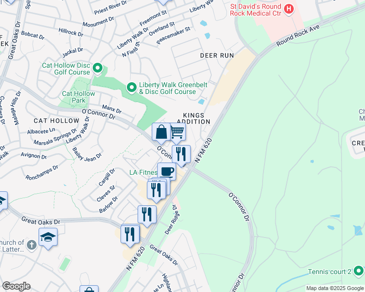 map of restaurants, bars, coffee shops, grocery stores, and more near 16900 Ranch Road 620 in Round Rock