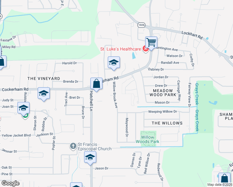 map of restaurants, bars, coffee shops, grocery stores, and more near 1158 Willow Brook Avenue in Denham Springs