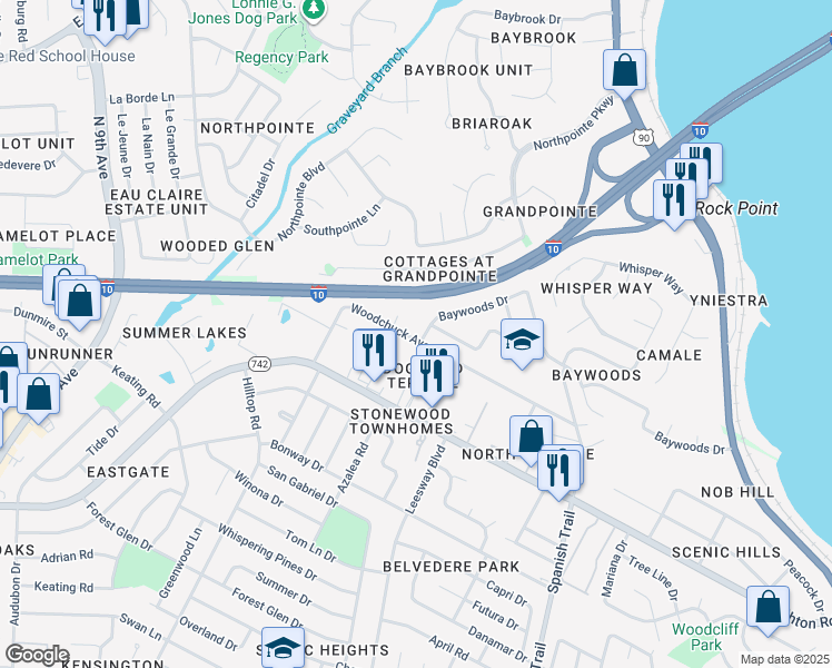 map of restaurants, bars, coffee shops, grocery stores, and more near 1526 Woodchuck Avenue in Pensacola