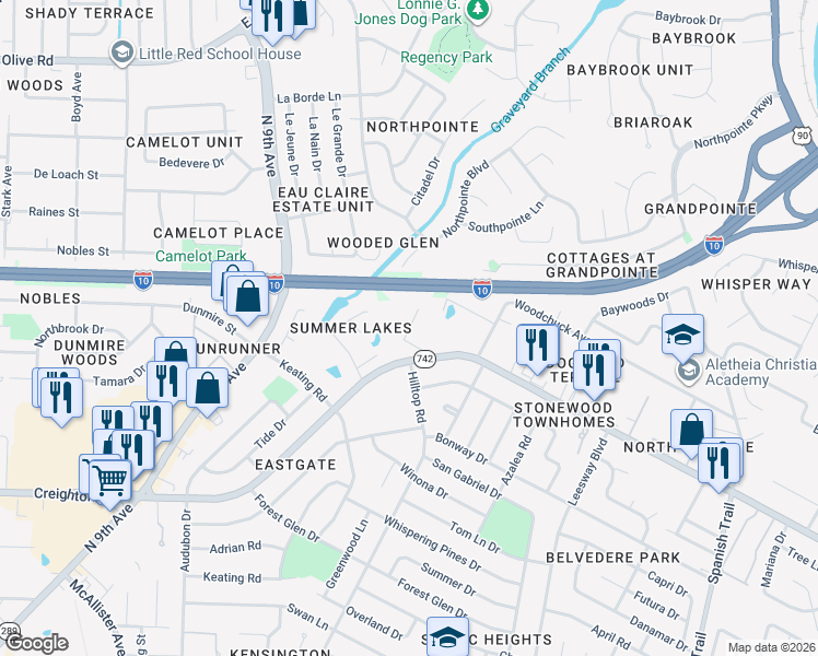 map of restaurants, bars, coffee shops, grocery stores, and more near 3500 Creighton Road in Pensacola