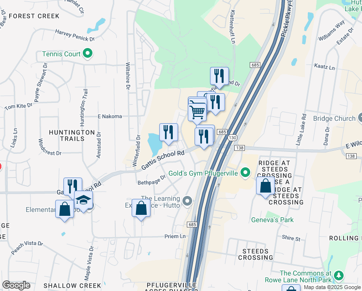 map of restaurants, bars, coffee shops, grocery stores, and more near 4810 Gattis School Road in Hutto