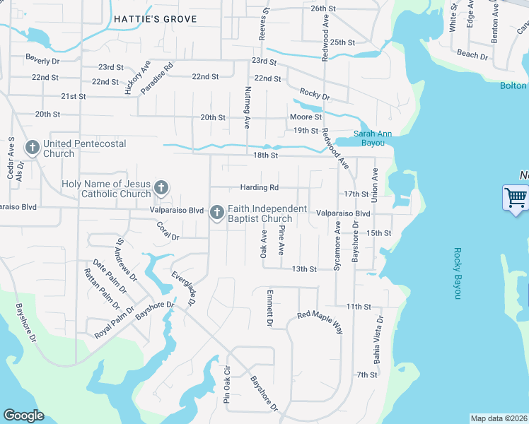 map of restaurants, bars, coffee shops, grocery stores, and more near 1529 Valparaiso Boulevard in Niceville
