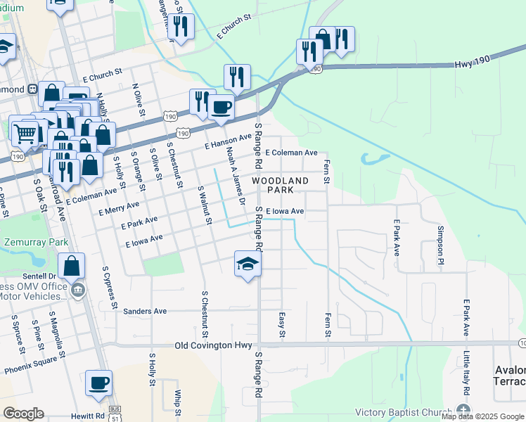 map of restaurants, bars, coffee shops, grocery stores, and more near 610 South Range Road in Hammond