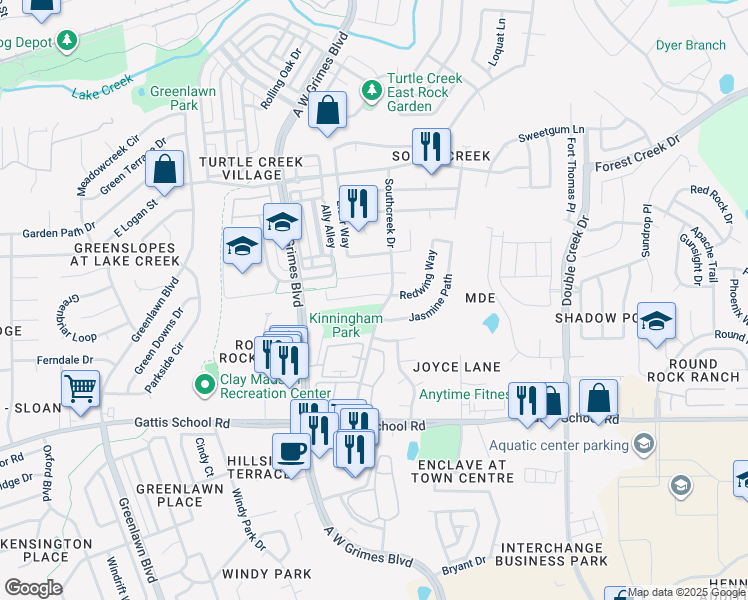 map of restaurants, bars, coffee shops, grocery stores, and more near 2046 Redwing Way in Round Rock