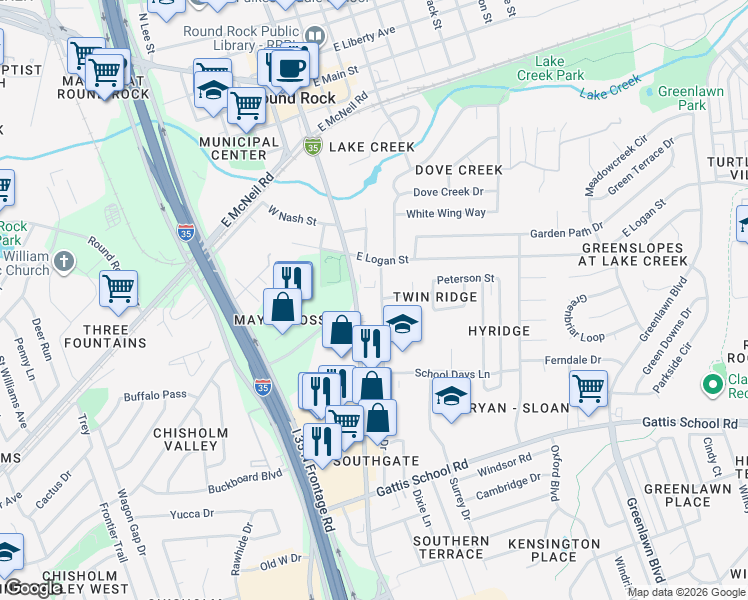 map of restaurants, bars, coffee shops, grocery stores, and more near 901 South Mays Street in Round Rock