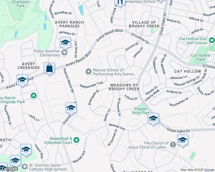 map of restaurants, bars, coffee shops, grocery stores, and more near 16112 Braesgate Drive in Austin