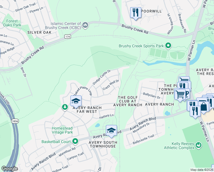 map of restaurants, bars, coffee shops, grocery stores, and more near 11225 Los Comancheros Road in Austin
