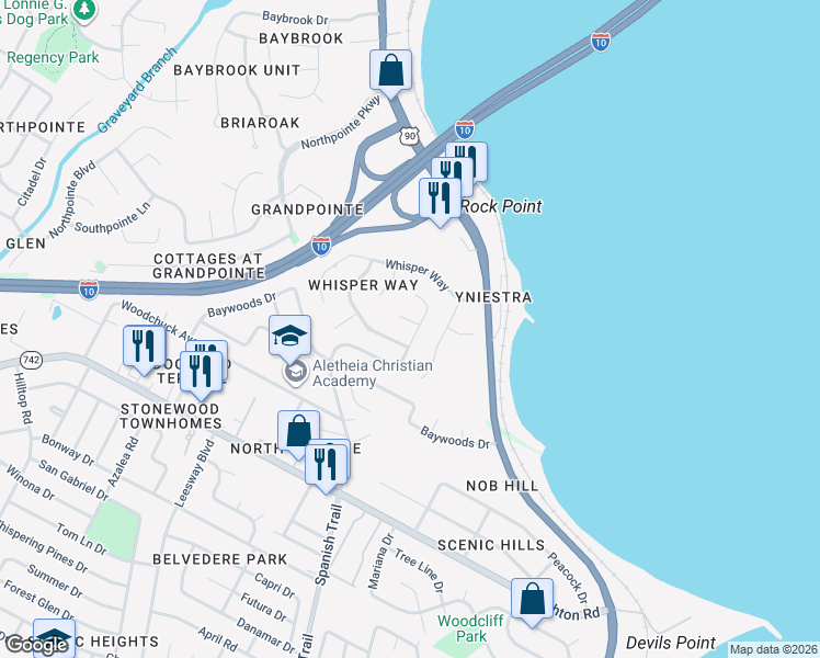 map of restaurants, bars, coffee shops, grocery stores, and more near 7451 Baywoods Lane in Pensacola