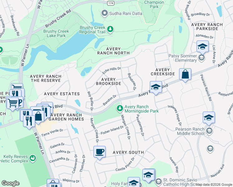 map of restaurants, bars, coffee shops, grocery stores, and more near 10004 Loxley Lane in Austin