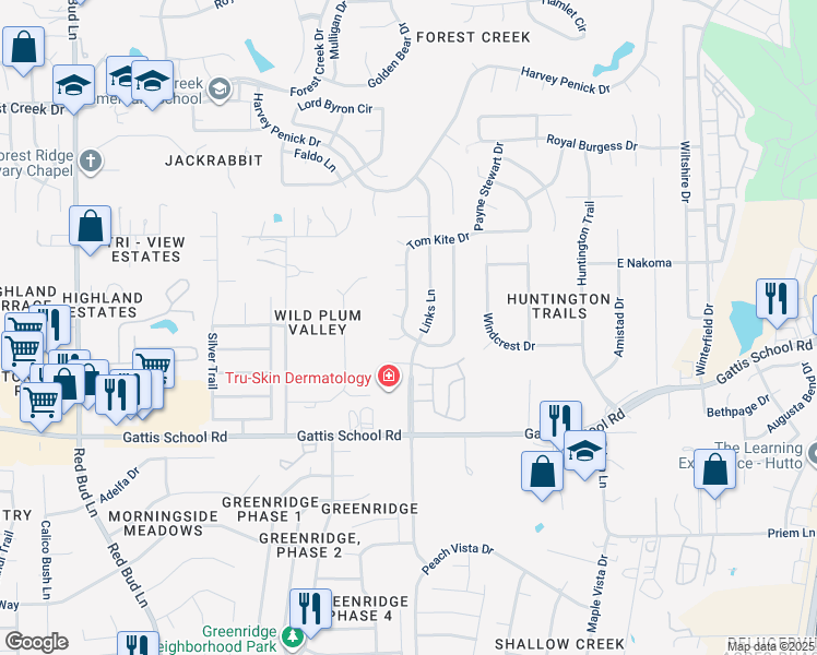 map of restaurants, bars, coffee shops, grocery stores, and more near 102 Tom Kite Drive in Round Rock