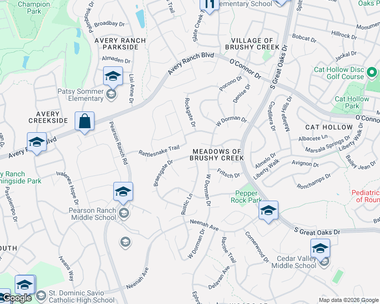 map of restaurants, bars, coffee shops, grocery stores, and more near 16112 Braesgate Drive in Austin