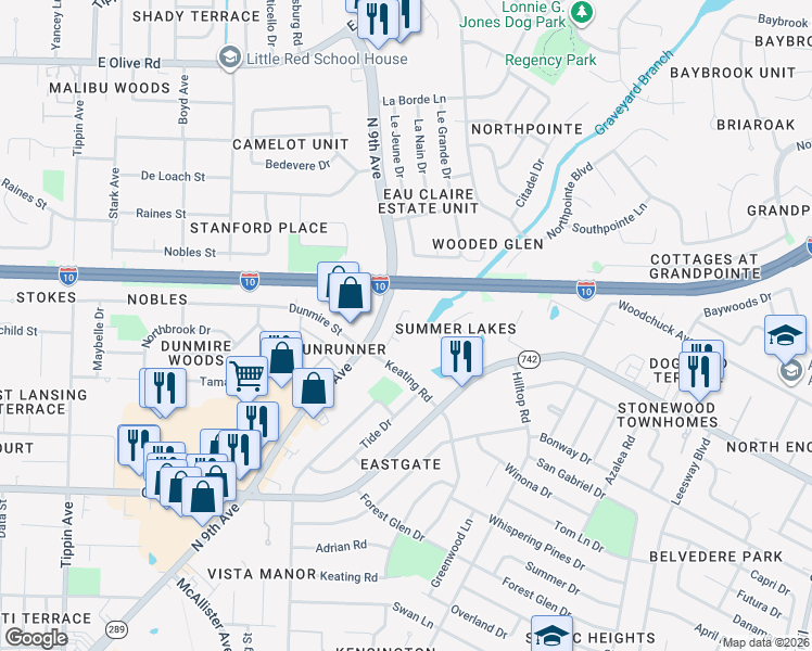map of restaurants, bars, coffee shops, grocery stores, and more near 7275 Keating Terrace in Pensacola