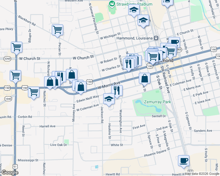 map of restaurants, bars, coffee shops, grocery stores, and more near 809 West Morris Avenue in Hammond