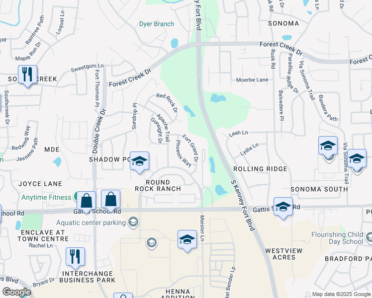 map of restaurants, bars, coffee shops, grocery stores, and more near 2809 Phoenix Way in Round Rock