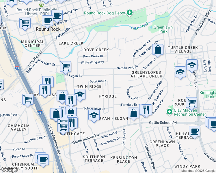 map of restaurants, bars, coffee shops, grocery stores, and more near 904 Lawnmont Drive in Round Rock