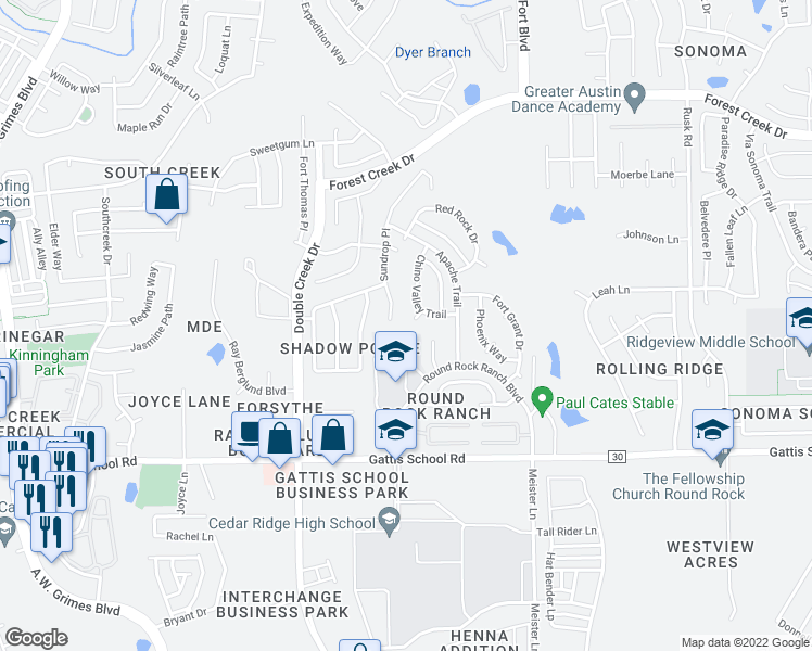map of restaurants, bars, coffee shops, grocery stores, and more near 1706 Chino Cove in Round Rock