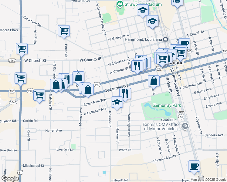 map of restaurants, bars, coffee shops, grocery stores, and more near 809 West Morris Avenue in Hammond