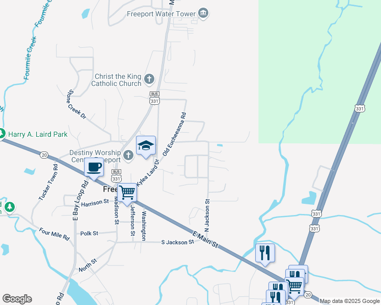 map of restaurants, bars, coffee shops, grocery stores, and more near 96 Benton Boulevard in Freeport