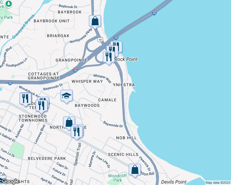map of restaurants, bars, coffee shops, grocery stores, and more near 7430 Camale Drive in Pensacola