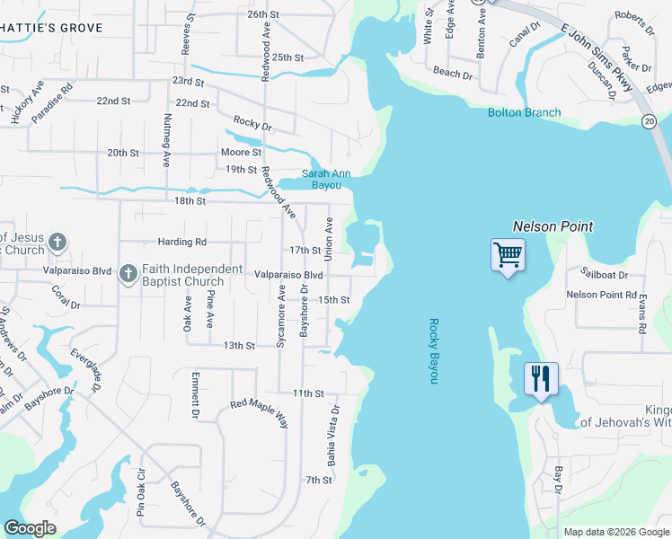map of restaurants, bars, coffee shops, grocery stores, and more near 1815 Valparaiso Boulevard in Niceville