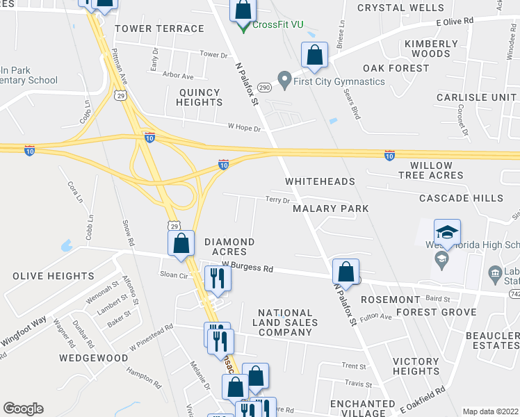 map of restaurants, bars, coffee shops, grocery stores, and more near 6686 Westmont Street in Pensacola