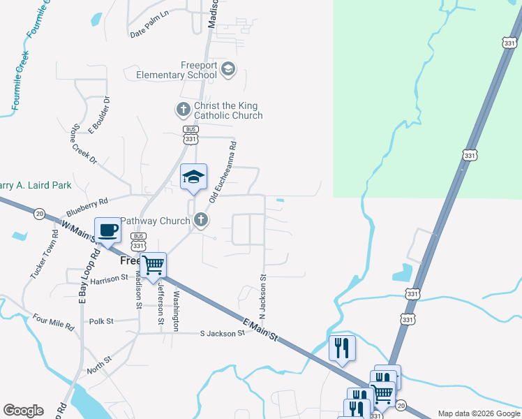 map of restaurants, bars, coffee shops, grocery stores, and more near 12 Benton Boulevard in Freeport