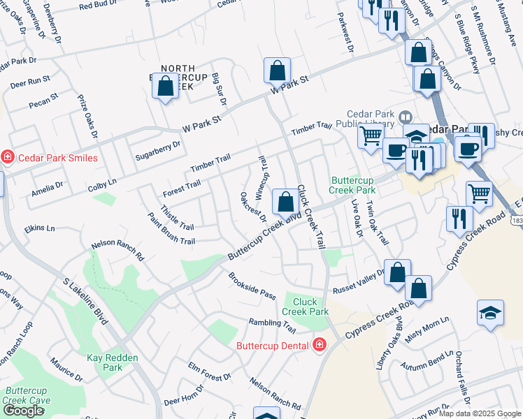 map of restaurants, bars, coffee shops, grocery stores, and more near 410 Oakcrest Drive in Cedar Park