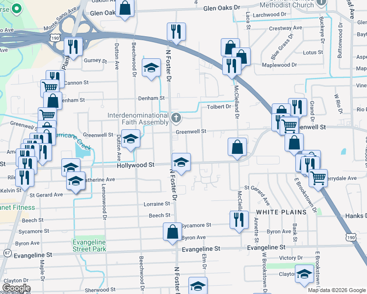 map of restaurants, bars, coffee shops, grocery stores, and more near 5605 Lancaster Avenue in Baton Rouge