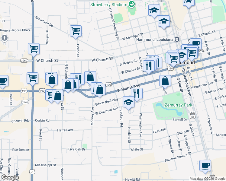 map of restaurants, bars, coffee shops, grocery stores, and more near 110 South Laurel Street in Hammond