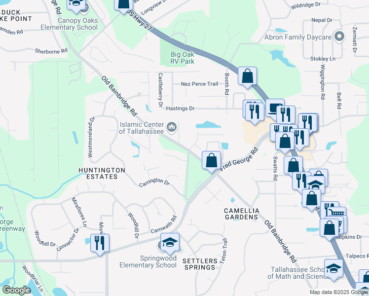 map of restaurants, bars, coffee shops, grocery stores, and more near Old Bainbridge Road in Tallahassee