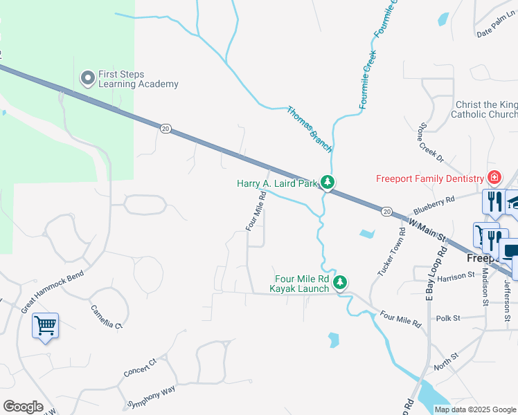 map of restaurants, bars, coffee shops, grocery stores, and more near 438 Four Mile Road in Freeport