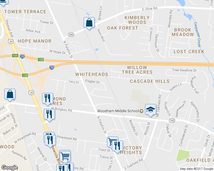map of restaurants, bars, coffee shops, grocery stores, and more near 6730 Flagler Drive in Pensacola
