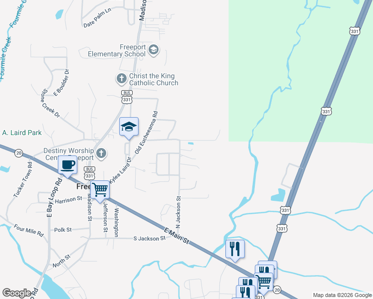 map of restaurants, bars, coffee shops, grocery stores, and more near 12 Benton Boulevard in Freeport
