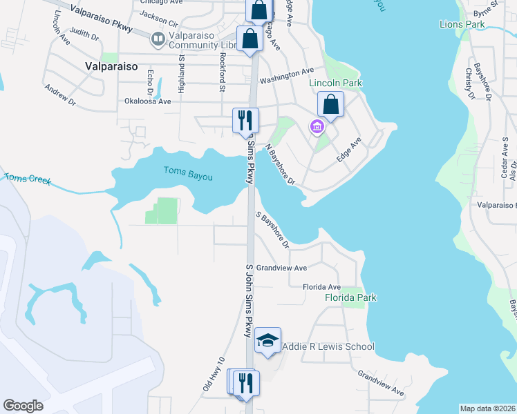 map of restaurants, bars, coffee shops, grocery stores, and more near 295 South Bayshore Drive in Valparaiso