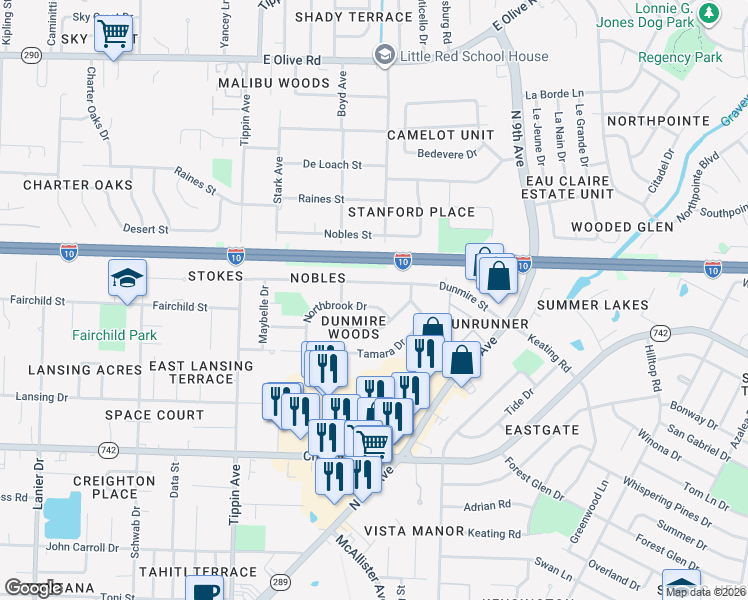 map of restaurants, bars, coffee shops, grocery stores, and more near 1241 Northbrook Drive in Pensacola
