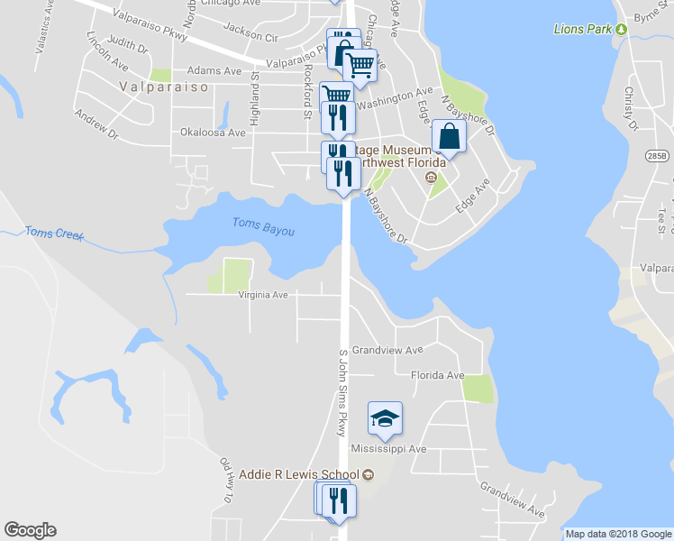 map of restaurants, bars, coffee shops, grocery stores, and more near 309 South Bayshore Drive in Valparaiso