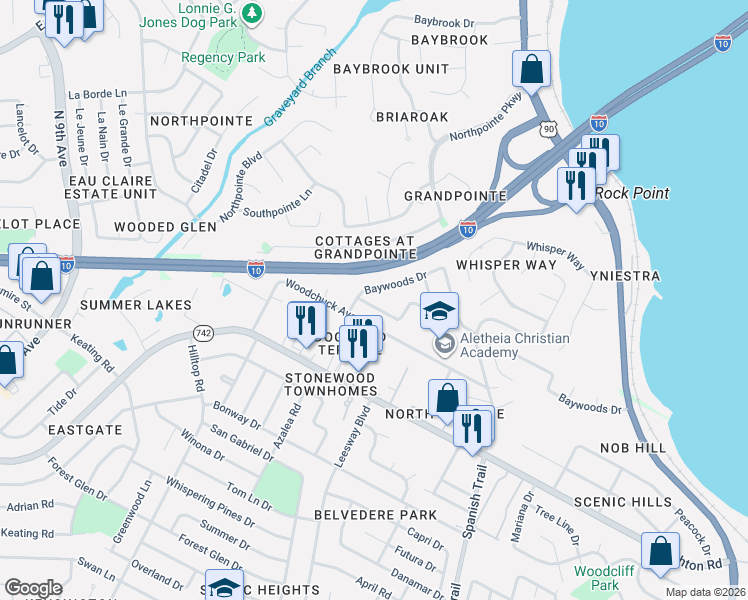 map of restaurants, bars, coffee shops, grocery stores, and more near 3922 Elmcrest Drive in Pensacola