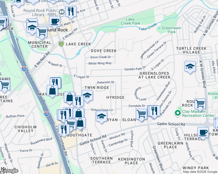 map of restaurants, bars, coffee shops, grocery stores, and more near 910 Hyridge Street in Round Rock