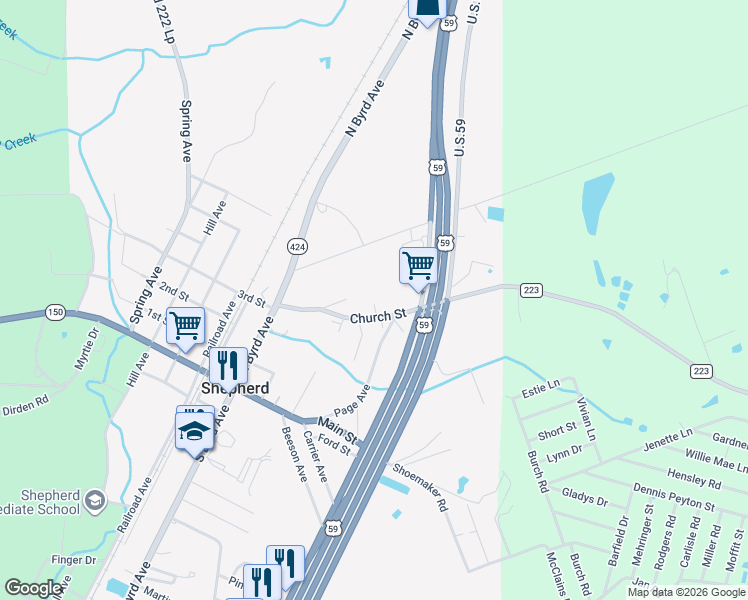 map of restaurants, bars, coffee shops, grocery stores, and more near 301 Church Street in Shepherd