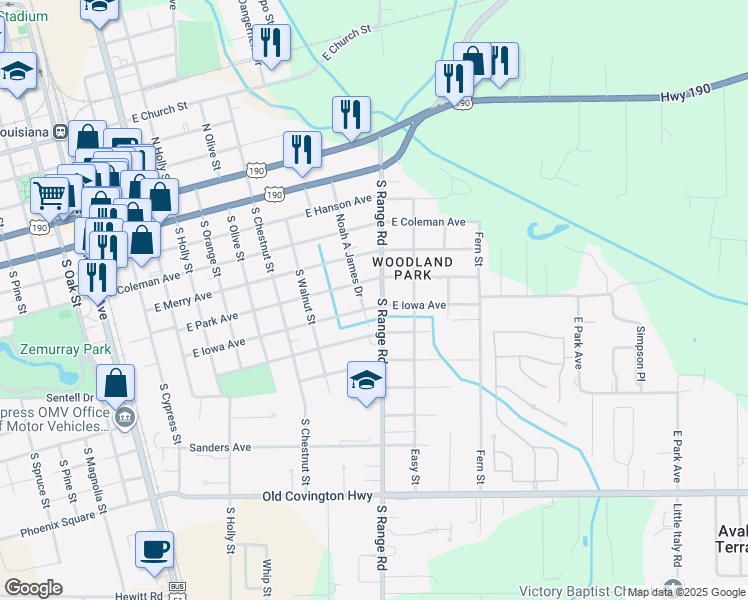 map of restaurants, bars, coffee shops, grocery stores, and more near 610 South Range Road in Hammond