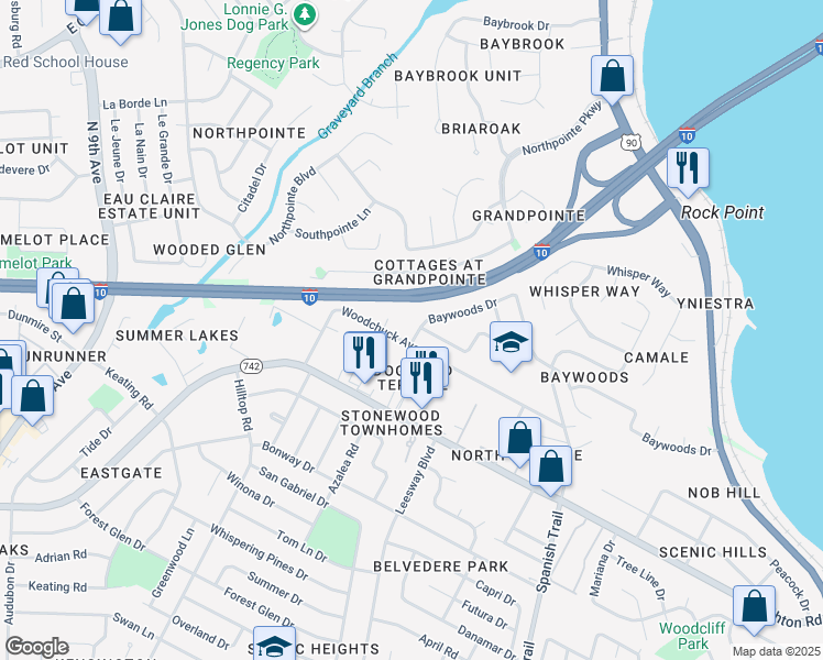 map of restaurants, bars, coffee shops, grocery stores, and more near 1526 Woodchuck Avenue in Pensacola