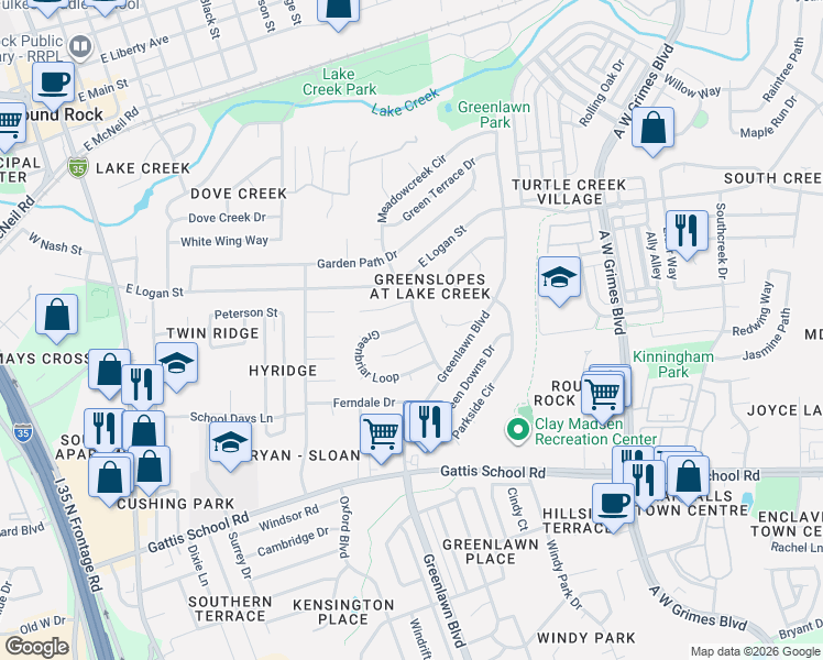 map of restaurants, bars, coffee shops, grocery stores, and more near 903 Greenbriar Loop in Round Rock